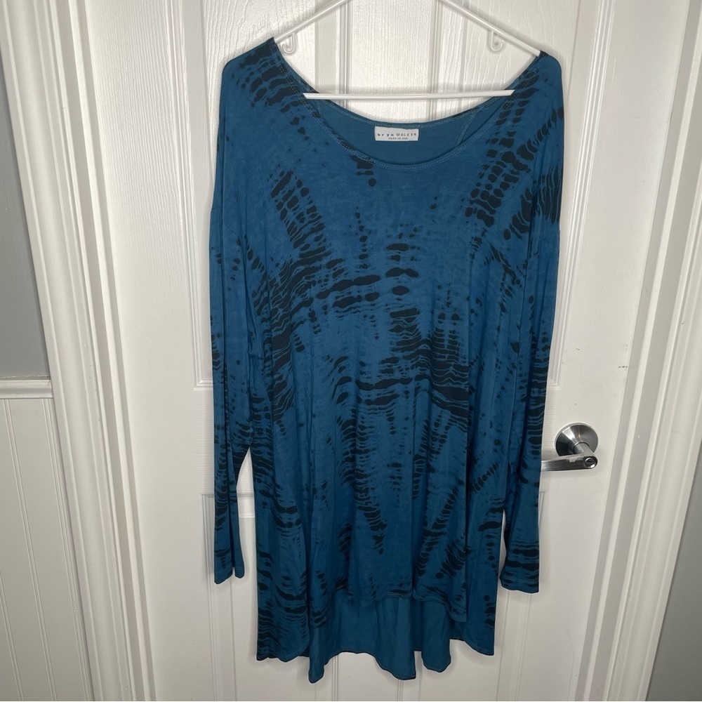 Bryn Walker Black Blue Tie Dye Jersey Knit Tunic Lagenlook Artsy Oversized S